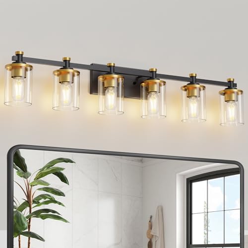 Bathroom Light Fixture, Bathroom Vanity Light Over Mirror, 6-Lights | Vanity Lights for Bathroom, Modern Lighting Fixtures with Clear Glass Shade, Black and Gold Vanity Lights, ETL Listed - color: Gold and Black, size: 6-Lights