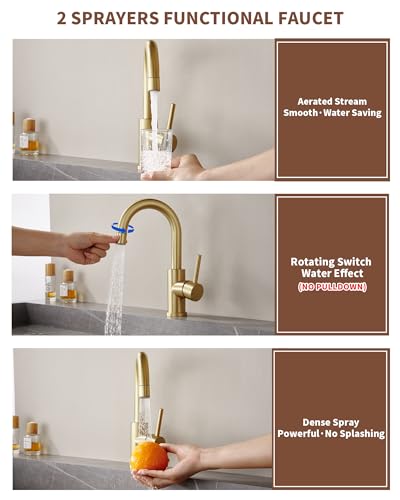 Tohlar Gold Bathroom Faucet with 2 Mode Sprayer | Single Hole Bar Sink Faucet, 360° Swivel, with Pop Up Drain, for Vanity RV Laundry - color: Brushed Gold