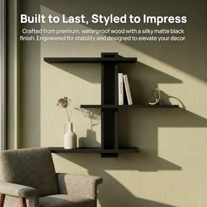 Black Floating Shelves for Bathroom, 3 Tier Pine Wood Wall Mounted Shelf, 20 Inch Large Wall Mounted Shelf for Towels, Toiletries, Plants, Photos, Home Decor
