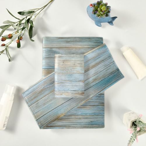 ALAZA Towel Bathroom Sets, Teal Green Brown Wood Towels 3-Piece 1 Bath Towel 1 Washcloth 1 Hand Towel, Bath Towel Set of 3 Soft Multifuntion for Home Kitchen - color: Multi09