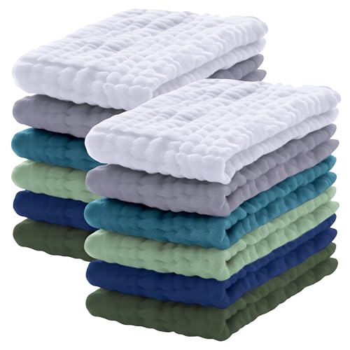 Lovely Care 12 Pack Muslin Burp Cloths 100% Cotton Muslin Cloths Large 20''x10'' Extra Soft and Absorbent Baby Burping Cloth - Slate, Navy & Grey - color: Slate, Navy & Grey, size: 10x20 Inch (Pack of 12)