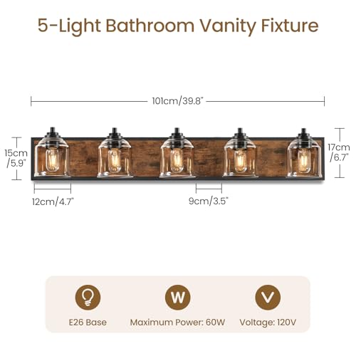 5-Light Bathroom Fixture, 39.8" Large Farmhouse Vanity Light, E26 Base (Bulbs Not Included), Thickened Glass Shade, for Bathroom, Bedroom, Vanity, Hallway, Rustic Brown and Black F21BD05 - size: 5-Light
