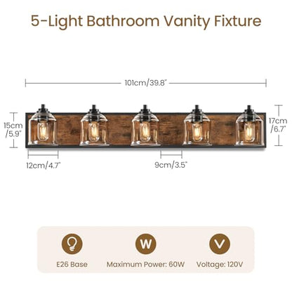 5-Light Bathroom Fixture, 39.8" Large Farmhouse Vanity Light, E26 Base (Bulbs Not Included), Thickened Glass Shade, for Bathroom, Bedroom, Vanity, Hallway, Rustic Brown and Black F21BD05 - size: 5-Light