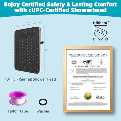 Hibbent cUPC Certified 5 Spray Modes Shower Head, 13'' High Pressure Large Rainfall Shower Head, High Flow Waterfall Bathroom Fixed Showerheads, Adjustable Swivel Ball Joint, Brushed Nickel - color: Brushed Nickel, style: Square 13''