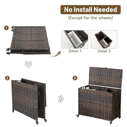 Laundry Hamper with Wheels, 52.8 Gallon(200L) Rolling Laundry Basket with Lid, Removable Large 3 Color Liners & 3 Mesh Laundry Bags, Clothes Hamper with Side Pocket, Brown - color: Brown, size: 31.5"L x 15.75"W x 25.6"H