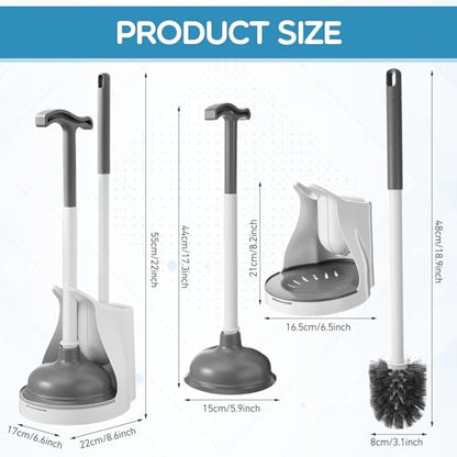 Reallnaive 2 Pack Toilet Brush and Plunger Set 22 Inch Extended Handle Plunger Heavy Duty Toilet Bowl Brush Combo with Holder Bathroom Tools Professional Cleaning Supplies Kit for Maintenance