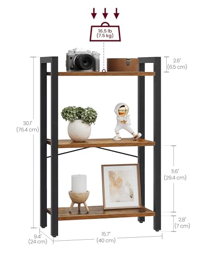 VASAGLE 3-Tier Bookshelf, Bookcase with Steel Frame, Book Shelf for Living Room, Home Office, Study, 9.4 x 15.7 x 30.1 Inches, Industrial Style, Rustic Brown and Ink Black ULLS098K02 - color: Rustic Brown + Ink Black, size: 3 Tiers (9.4"D x 15.7"W x 30.1"