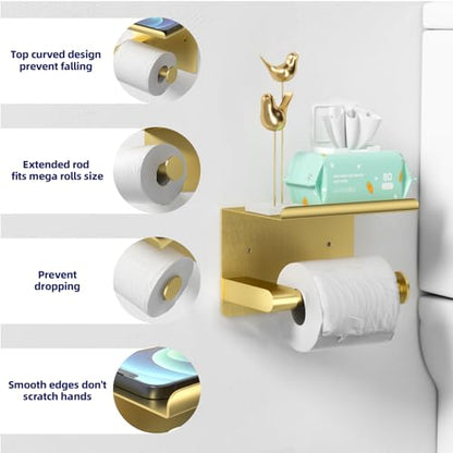 GLNLQ Brushed Gold Toilet Paper Holder Wall Mount, Fits Mega Rolls Size Rustproof Self Adhesive Brushed Brass Toilet Paper Holder Gold with Shelf | Fits Mega Rolls Size, Waterproof and Rustproof Stainless Steel, with Shelf Wall Mount Design, Thickened Thi
