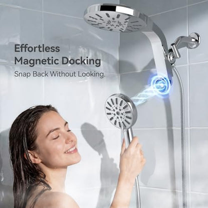 INAVAMZ High Pressure Rain Shower Head Combo with Magnetic Handheld Silver | Dual Shower System with Rainfall Showerhead and 8-Spray Handheld, Magnetic Dock, Adjustable Angle, Power Jet for Cleaning - color: Silver