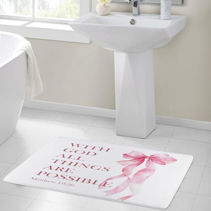 HVEST Pink Bow Bath Mat for Bathroom, Christian Bible Verse Pattern Non-Slip Bathroom Mat, Cute Memory Foam Bath Rug, Shower Mats, Quick-Drying Toilet Rug, 23X15 Inches - color: Pink White
