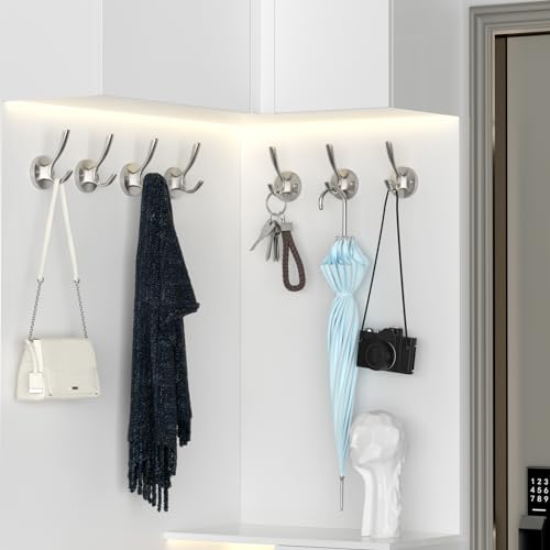 Coat Hooks for Hanging Coat Hooks for Wall Mounted Brass Wall Hooks Heavy Duty Brushed Robe Closet Hooks for Hanging Coats Entryway Metal Towel Hooks for Bathrooms (1, Silver)