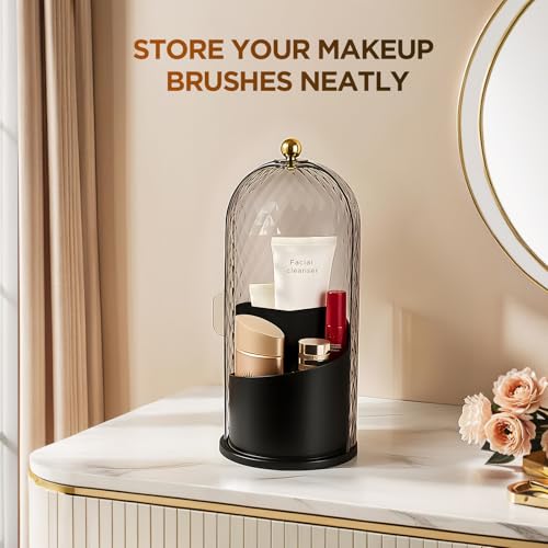 3 Slots Rotating Toothbrush Holders with Lid for Bathroom | Coverd Tooth Brush Holders for Countertop, Concealed Makeup Brush Holder, Toothpaste Holder-Black - color: Black