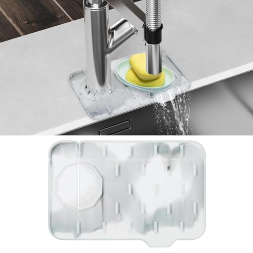 Dimeho Sink Faucet Splash Guard Mat Silicone Soap Dish Pad Faucet Handle Drip Catch Sponge Holder Sink Protector Trays for Bathroom Kitchen Countertop Gadgets Accessories 8.3 x 5.7 Inch (Marble) - color: Marble