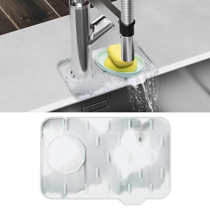 Dimeho Sink Faucet Splash Guard Mat Silicone Soap Dish Pad Faucet Handle Drip Catch Sponge Holder Sink Protector Trays for Bathroom Kitchen Countertop Gadgets Accessories 8.3 x 5.7 Inch (Marble) - color: Marble