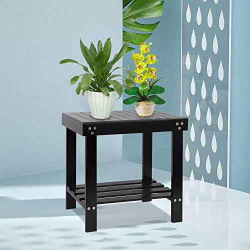 VaeFae Bamboo Spa Bench Seat Stool Foot Rest Shaving Stool with Non-Slip Feets Storage Shelf for Shampoo Towel,Works in Bathroom/Living Room/Bedroom/Garden Leisure (Black) - size: Black 17.3" x 11" x 16.1"