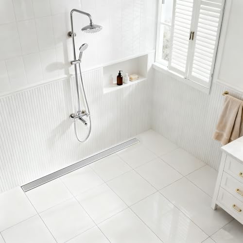 Linear Shower Drain - 48 Inch Brushed Nickel, with Grate Removable | AISI 304 Stainless Steel Shower Drain with Adjustable Feet, Hair Catcher, Rectangle Shower Floor Drain Fits Bathroom, Balcony - color: Brushed Nickel, size: 48 Inch