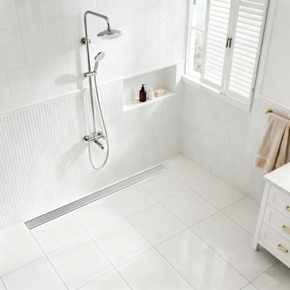 Linear Shower Drain - 60 Inch Brushed Nickel, with Grate Removable | AISI 304 Stainless Steel Shower Drain with Adjustable Feet, Hair Catcher, Rectangle Shower Floor Drain Fits Bathroom, Balcony - color: Brushed Nickel, size: 60 Inch