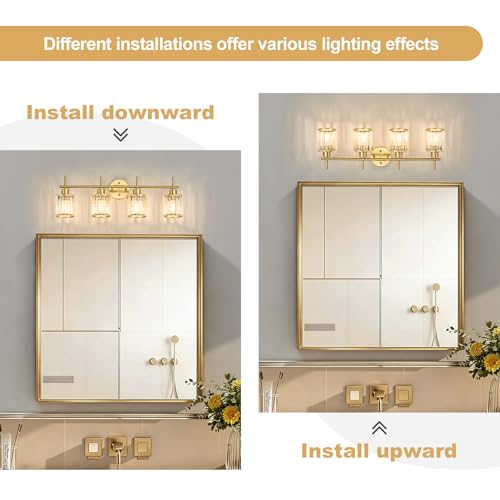 Brushed Gold Bathroom Light Fixtures, Round, 3-Light | Vanity Lights with Crystal Shades, Modern Bathroom Lighting Fixtures over Mirror (Bulbs Not Included, E26) - color: Brushed Gold (Round), size: 4-Light