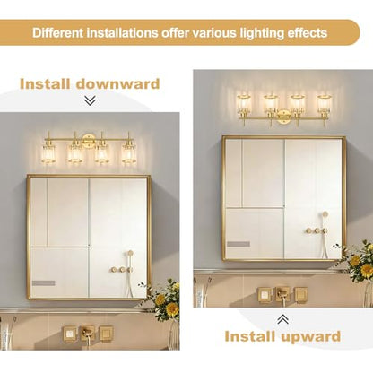 Brushed Gold Bathroom Light Fixtures, Round, 3-Light | Vanity Lights with Crystal Shades, Modern Bathroom Lighting Fixtures over Mirror (Bulbs Not Included, E26) - color: Brushed Gold (Round), size: 4-Light