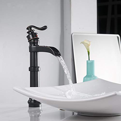 Oil Rubbed Bronze Vessel Sink Faucet Single Hole Bathroom Faucet Waterfall | Farmhouse Single-Handle,Deck Mount,Bowl Tall Body,with Supply Hose,Fits Non-Overflow Sinks,Hot/Cold Mixer - color: Oil Rubbed Bronze