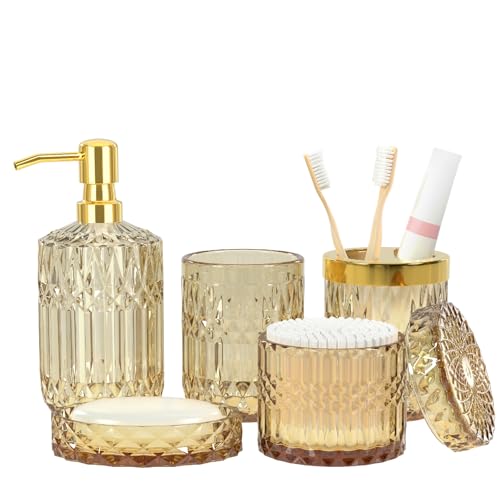Brown Bathroom Accessory Set 5PCS - Amber Glass Bathroom Accessories with Toothbrush Holder Set, Soap Dispenser, Soap Dish, Tumbler, Cotton Swab Jars, Vintage Bathroom Decor Set Housewarming Gift - style: Dark Brown