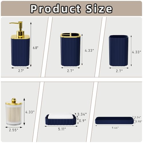 XLHOMO Bathroom Accessory Set - Gorgeous Bathroom Set, 7PC Blue Bathroom Set, Soap Dispenser, Toothbrush Holder, Qtip Holder Set, Bathroom Sets Complete, Bathroom Sink Set for Home Decor - style: Navy Blue&Gold