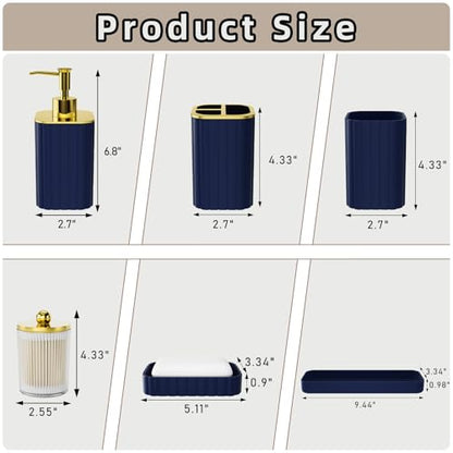 XLHOMO Bathroom Accessory Set - Gorgeous Bathroom Set, 7PC Blue Bathroom Set, Soap Dispenser, Toothbrush Holder, Qtip Holder Set, Bathroom Sets Complete, Bathroom Sink Set for Home Decor - style: Navy Blue&Gold