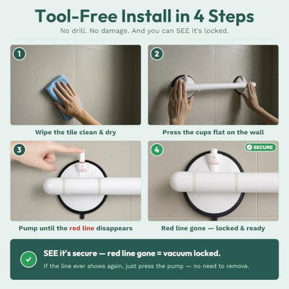 Shower Grab Bars Suction 2 Pack, 18.3 Inch Heavy Duty Suction Cup Grab Bar for Shower with Visible Safety Indicator, Shower Bars for Elderly, Glow in the Dark, Tool-Free Balance Assist Handle - size: 18.3" Long (2 Pack)