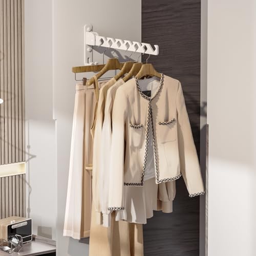 Dr.DJ Wall Mount Coat Hanger Holder White Clothes Drying Organizer Rack Garment Hooks Aluminium Retractable Folding Indoor Wall Mounted Hanger for Laundry Room Bedroom White 2Pack with 80cm Rod - color: White 2racks+rod