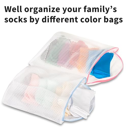 3Pcs Hanging Laundry Bags for Socks with S Hooks, 12 X 10 inch 3 Color Mesh Laundry Bags for Washing Machine
