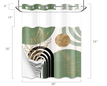 Sage Green Hookless Shower Curtain with Snap in Liner, Boho Mid Century Black and Light Green No Hook Double Layer Shower Curtains and Liner Set, Waterproof Cloth Fabric，60" W X 74" L - color: Green, size: 60"W x 74"L (Pack of 1)