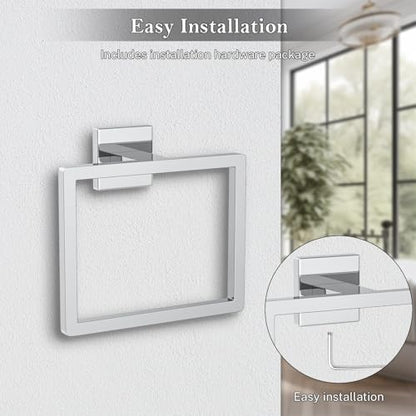 Polished Chrome Towel Ring Square Hand Towel Holder Towel Hanger Bathroom Hardware Accessories Stainless Steel Wall-Mounted Towel Rack - color: Polished Chrome, size: 1 Pc