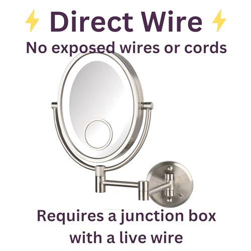 JERDON Hardwired Wall-Mount Makeup Mirror - 10X/15X - Nickel - HL9515NLD | Two-Sided 8" x 10" Oval Frame, 14" Wall Arm, LED, Direct Wire - color: Nickel Direct Wire