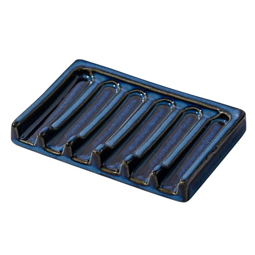 Tanew Self Draining Premium Ceramic Soap Dish, Bar Waterfall Soap Dish, Shower Soap Holder Sponge Holder Soap Tray Savers for Bathroom, Shower, Kitchen, Sink and Countertop - color: Blue