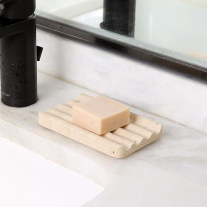 Karibiber Marble Soap Dish, Beige Travertine Bar Soap Holder Shower, Large Bathroom Soaps Saver, Easy Cleaning Natural Stone Sponge Holder for Kitchen Sink, Executive Jewelry Ring Tray - color: Travertino Romano