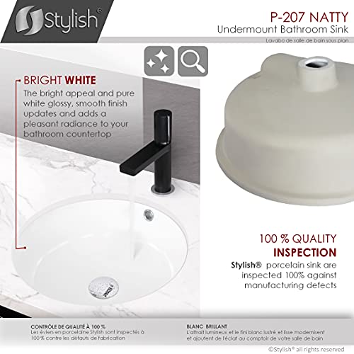 Stylish Round Bathroom Sink 16 x 16 Inch Ceramic Porcelain Undermount Bathroom Sinks Enamel Glaze Finish Smooth and Stain Resistant White Surface with Chrome and Matte Black Overflow, P-207 - style: 16"x16" Chrome & Matte Black Overflows