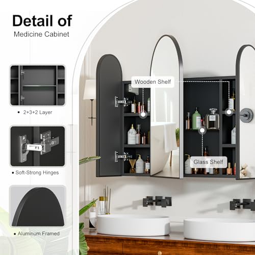 Triple Arched Black Medicine Cabinet, 3 Doors, 31X28Inch Surface Mount Bathroom Cabinet with Trifold Arched Mirror, Metal Edge - color: Brushed Black