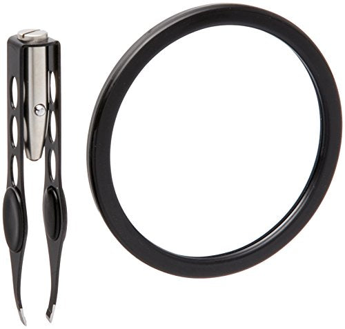 Zadro 3" Dia Compact Mirror & Tweezer Kit 12X Travel Magnifying Mirror 18 Strong Suction Cup Wall Mounted Makeup Mirror - color: Black, size: 3.8"L x 3.8"W