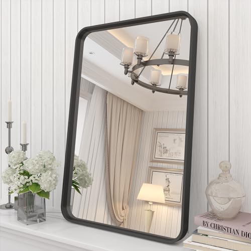 16x24 Inch Black Metal Framed Bathroom Mirror for Wall | Matte Black Rectangle Mirror, Rounded Corner, Anti-Rust, HD Glass, Hangs Horizontally or Vertically - color: Black, size: 24"L x 16"W