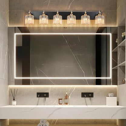 6-Light Crystal Bathroom Vanity Light, Modern Black Gold Bathroom Light Fixtures Over Mirror Crystal Wall Lighting with Polished Gold Finish - color: Black Gold-Round Shade, size: 6-Light