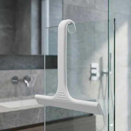Silicone Shower Squeegee - All-in-One Design with Built-in Hook, 10 Inch Streak-Free Bathroom and car Cleaner for Glass Doors, Mirrors, Windows, Tiles White