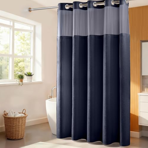 River Dream Cotton Blend Fabric Shower Curtain Set with Liner, Navy, 71x86 | Waffle Weave, No Hook Needed, with Snap in Replacement Liner, Top Sheer Window, Hotel Quality for Bathroom, Extra Long - color: Navy Blue, size: 71"W x 86"L (Pack of 1)
