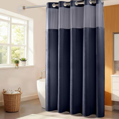 River Dream Cotton Blend Fabric Shower Curtain Set with Liner, Navy, 71x86 | Waffle Weave, No Hook Needed, with Snap in Replacement Liner, Top Sheer Window, Hotel Quality for Bathroom, Extra Long - color: Navy Blue, size: 71"W x 86"L (Pack of 1)