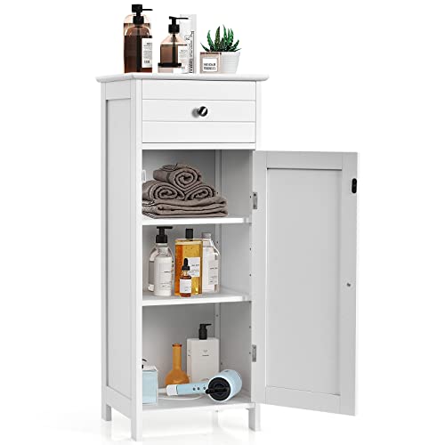 HAPPYGRILL Small Bathroom Storage Cabinet,Single Door Narrow Storage Cabinet Organizer w/Drawer & 3-Level Adjustable Shelves,Bathroom Cabinets Freestanding w/Anti-Tipping Device for Living Room Toilet - color: White