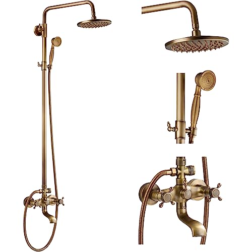 gotonovo Exposed Shower Faucet with Spout Antique Brass,Straight Pipe | Brass Bathroom Exposed Shower System,8’’ Rain Head,Swivel Tub Spout 2 Cross Handle,Adjustable Handheld Sprayer,Wall Mount - color: Antique Gold