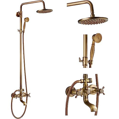 gotonovo Exposed Shower Faucet with Spout Antique Brass,Straight Pipe | Brass Bathroom Exposed Shower System,8’’ Rain Head,Swivel Tub Spout 2 Cross Handle,Adjustable Handheld Sprayer,Wall Mount - color: Antique Gold