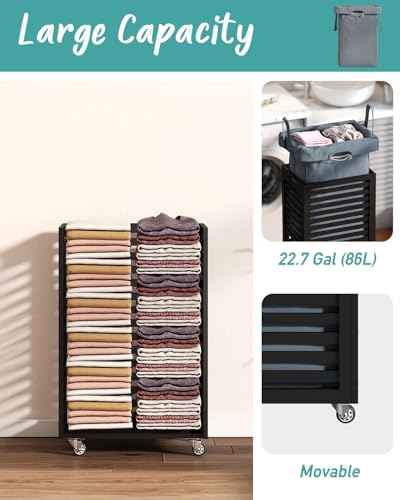 Black Laundry Hamper, Laundry Hamper with Wheels, 22.7 Gallon (86L) Bamboo Wood Clothes Laundry Basket with Handles, Removable Liner - color: Black