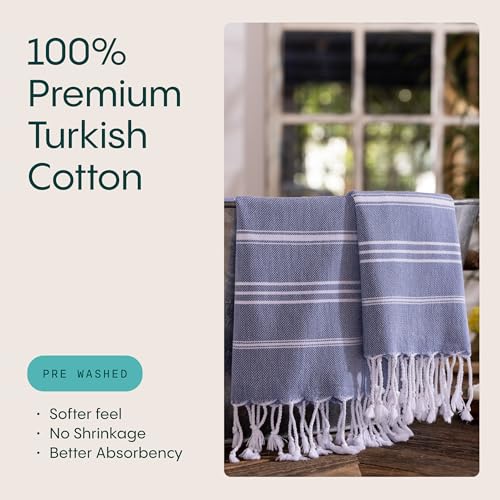 WETCAT Turkish Hand Towels with Hanging Loop, Set of 2 (20" x 30") 100% Turkish Cotton, Pre-Washed, Quick Drying, for Kitchen or Bathroom - Denim Blue - color: Denim Blue