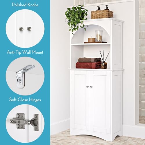 RiverRidge Bristol Tall 2-Door Bathroom Linen Storage Cabinet, White | Soft Close Hinges, Adjustable Shelves, Versatile Arched Design, Storage Cabinet Organizer Shelf