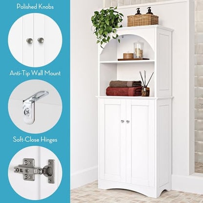 RiverRidge Bristol Tall 2-Door Bathroom Linen Storage Cabinet, White | Soft Close Hinges, Adjustable Shelves, Versatile Arched Design, Storage Cabinet Organizer Shelf